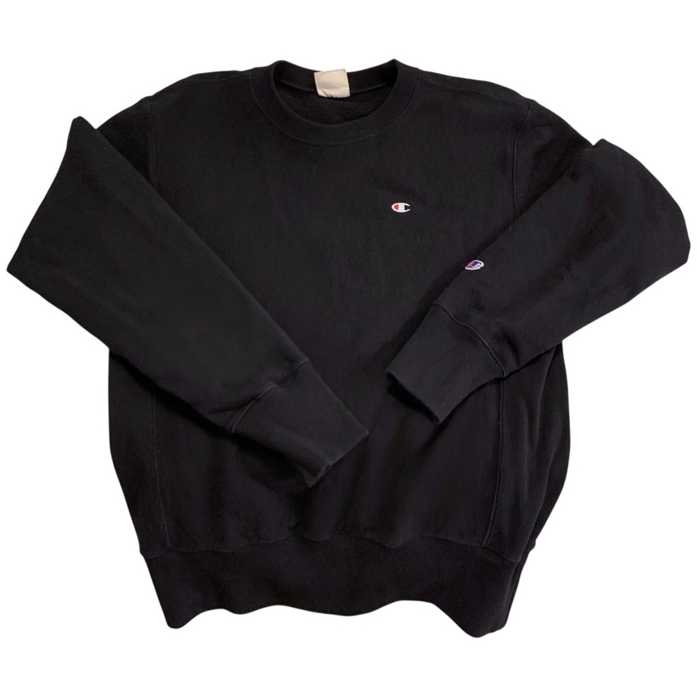 Champion Reverse Weave Warm Up Black Logo PullOver Crewneck Sweatshirt - Medium